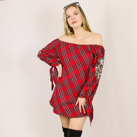 Avani del Amour Plaid Embroidered Off the Shoulder Dress Sz S - Picture 1 of 7